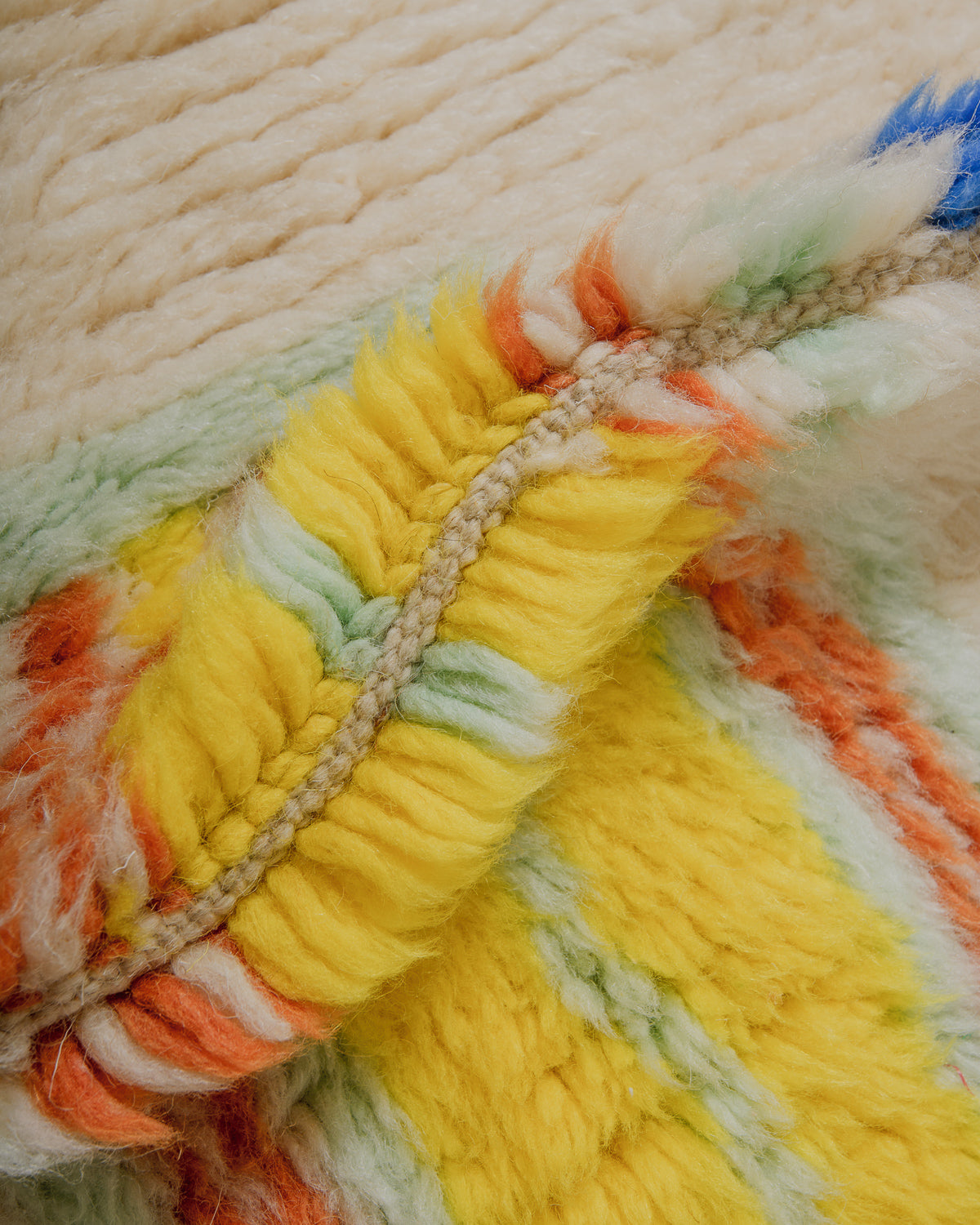 Close-up of a colorful woven rug with yellow, orange, and green patterns.