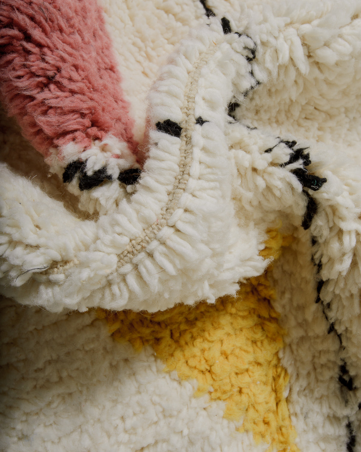 Close up of wool rug showing the knots and length of pile. 