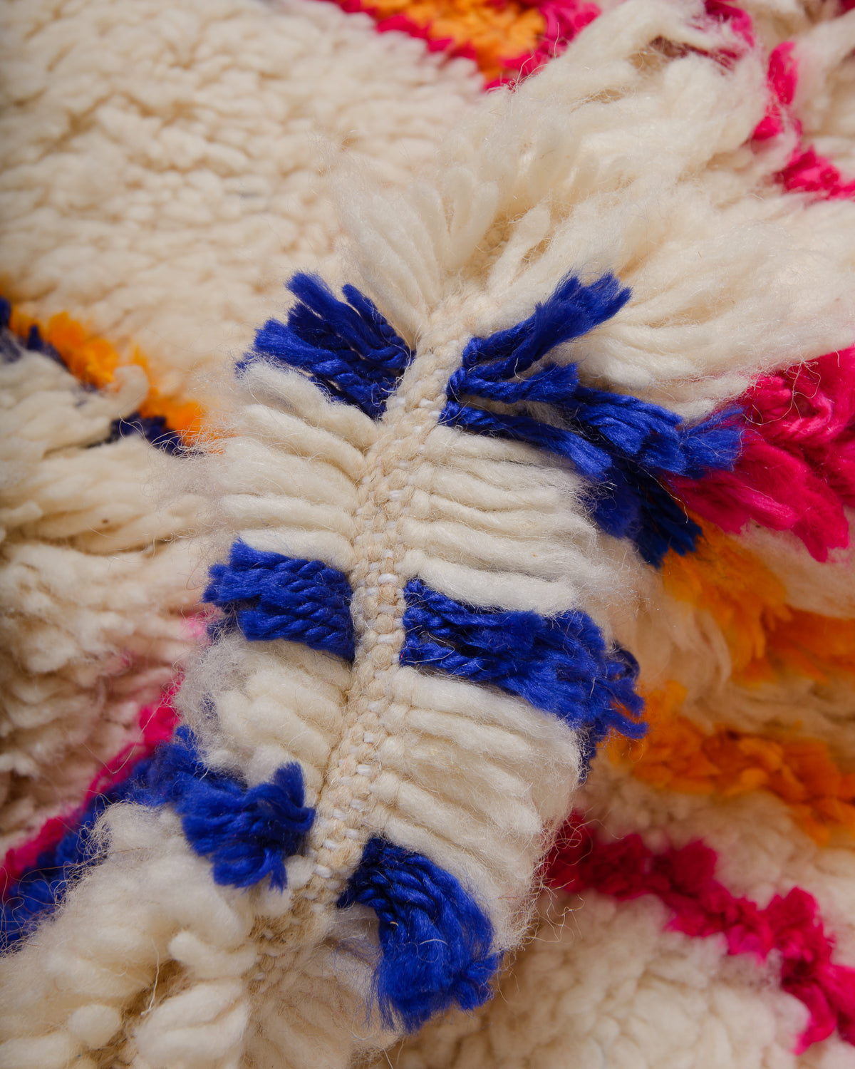 Detail of Azilal rug showing the fluffy wool and the spacing between the rows.