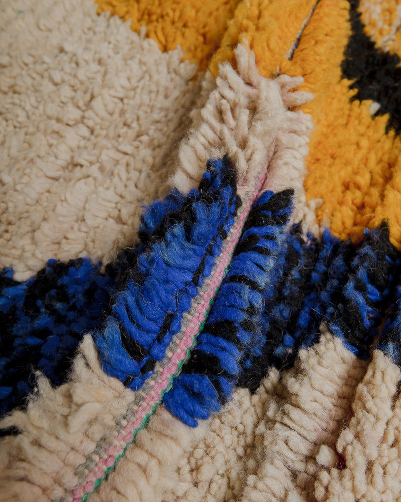 Close up of vintage boujaad rug showing length of pile.