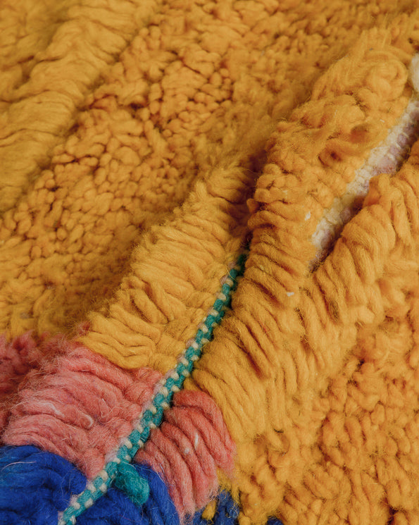 Close up of vintage boujaad rug showing length of pile.