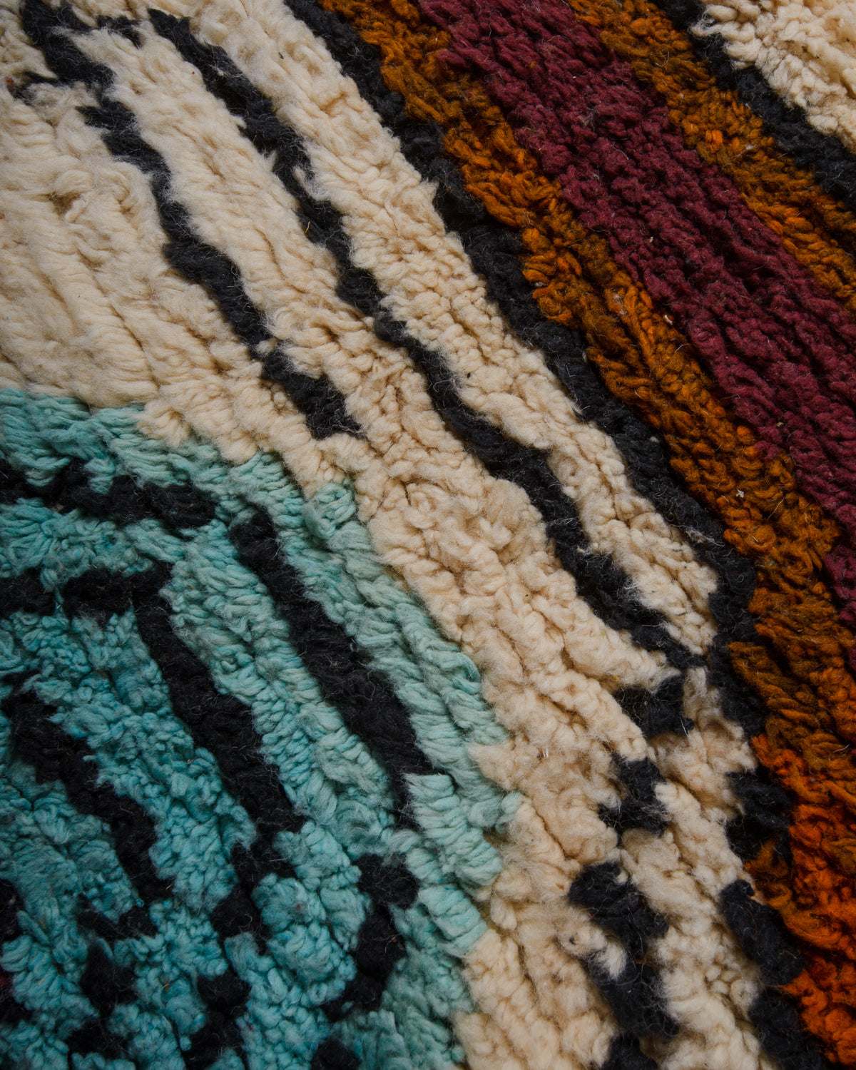Surface of wool rug with shades of turquoise, rust and cream with black accents.