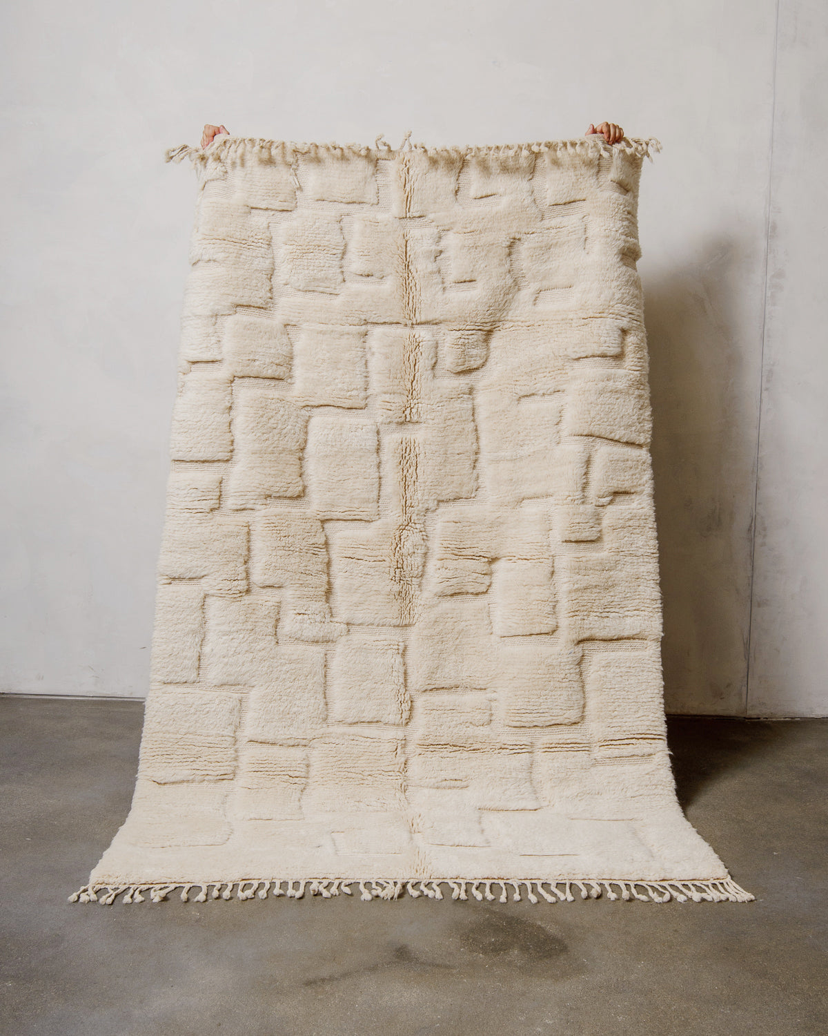 Textured cream rug with a subtle pattern on a plain background