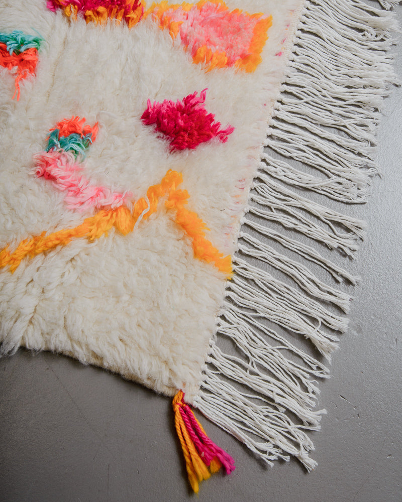 Colourful woven rug with geometric patterns and a white fringe on a neutral background