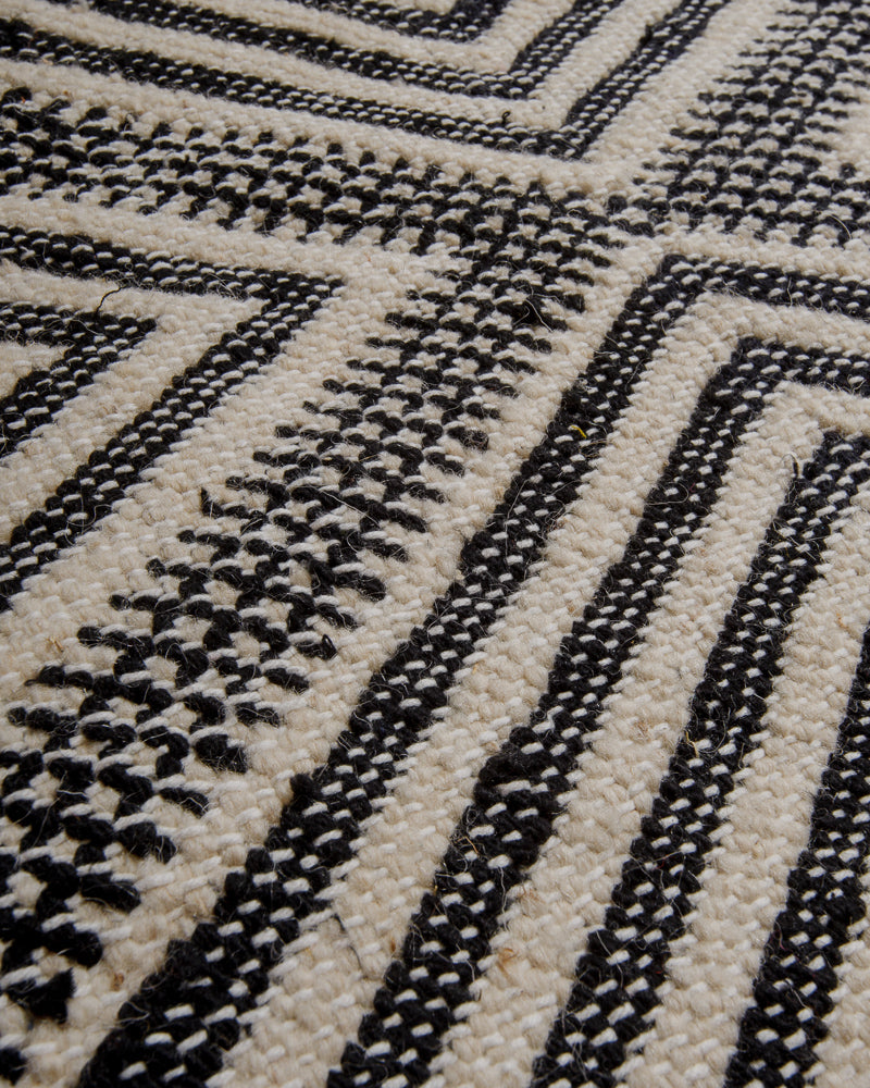 Surface of black and white kelim rug

