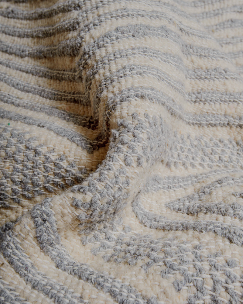 Close up of Kelim rug with grey and white wool
