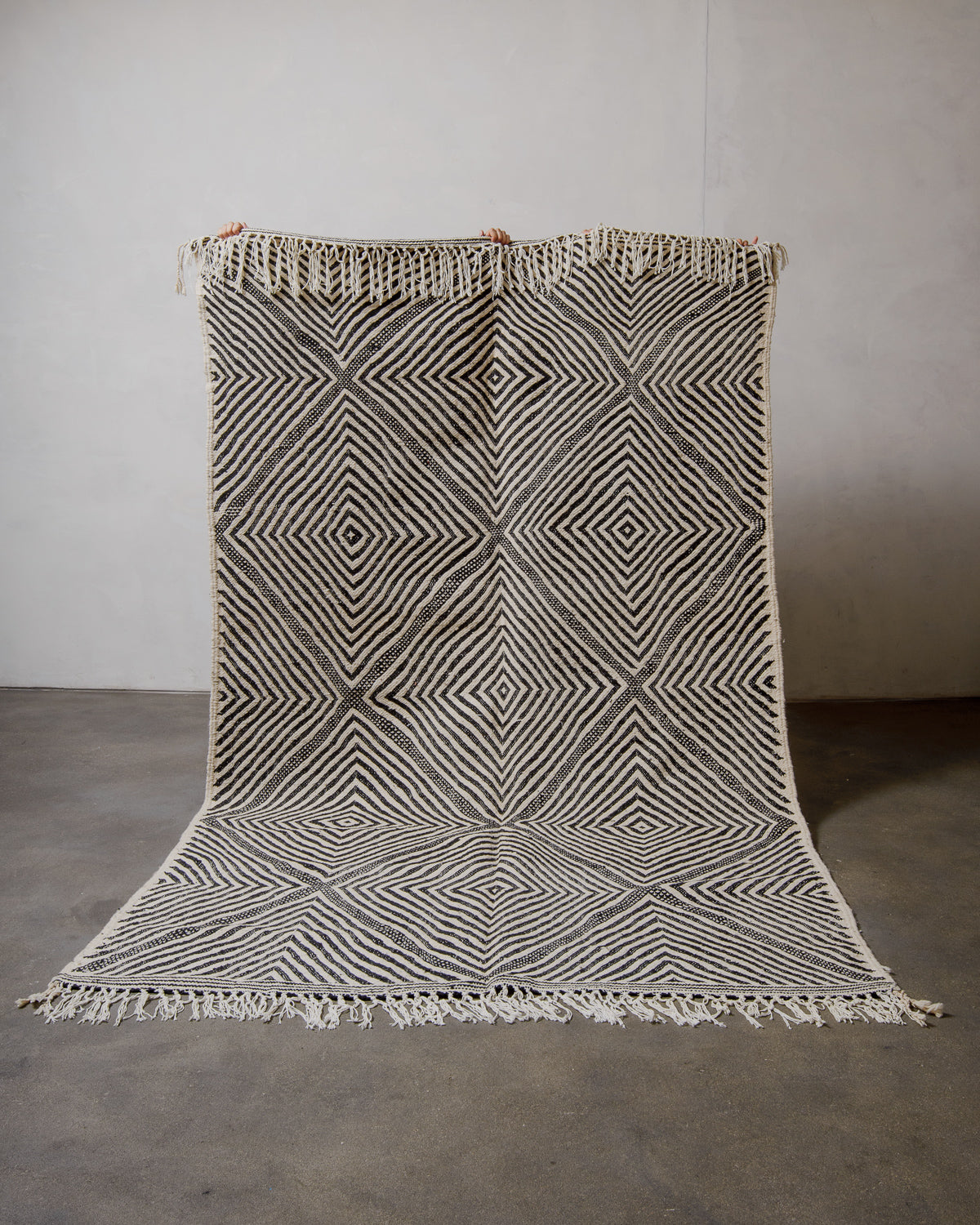 Kelim rug with geometric pattern on a plain background.