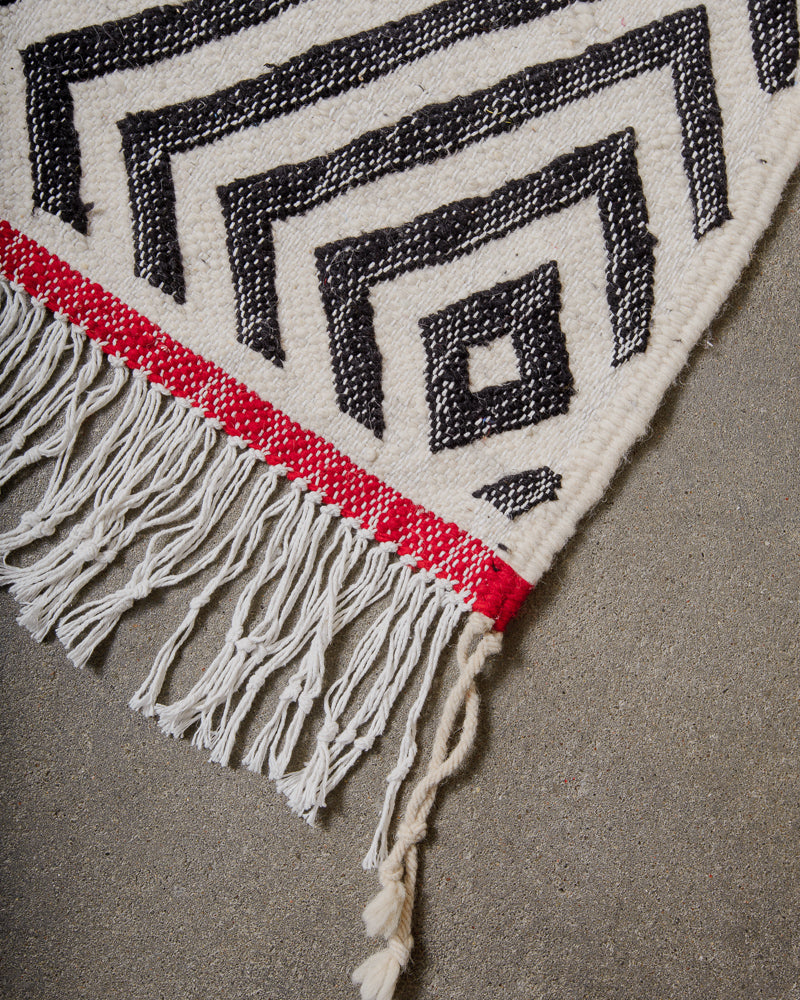 Textile rug with geometric pattern and fringes on a neutral background