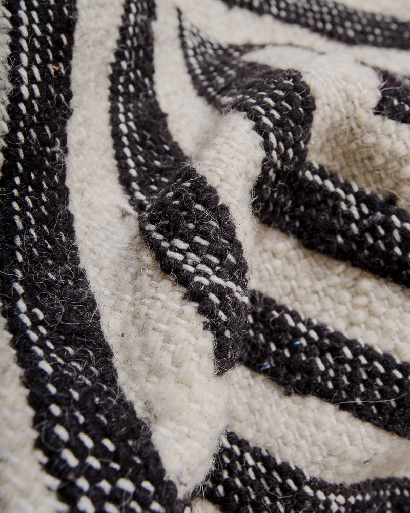 Close-up of a black and white patterned rug