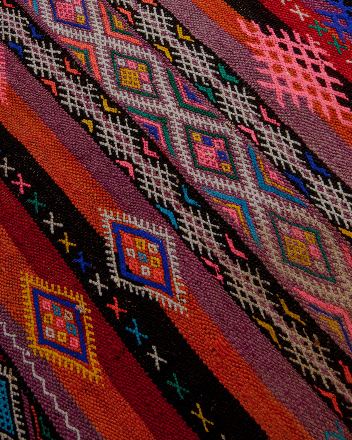 Close up of surface of colourful flat woven kelim rug.