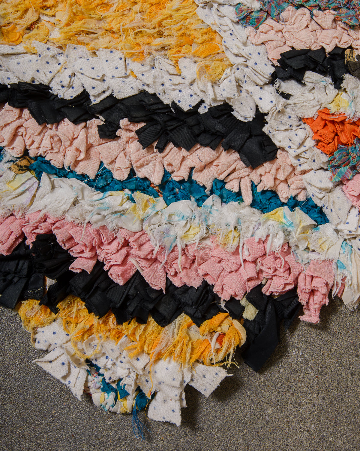 Detail of boucherouite rug showing the different textures and fabrics.