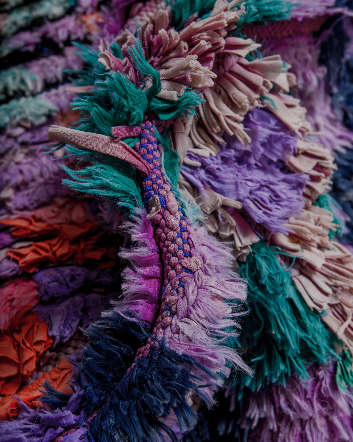 Close-up of a colourful textured fabric rug.