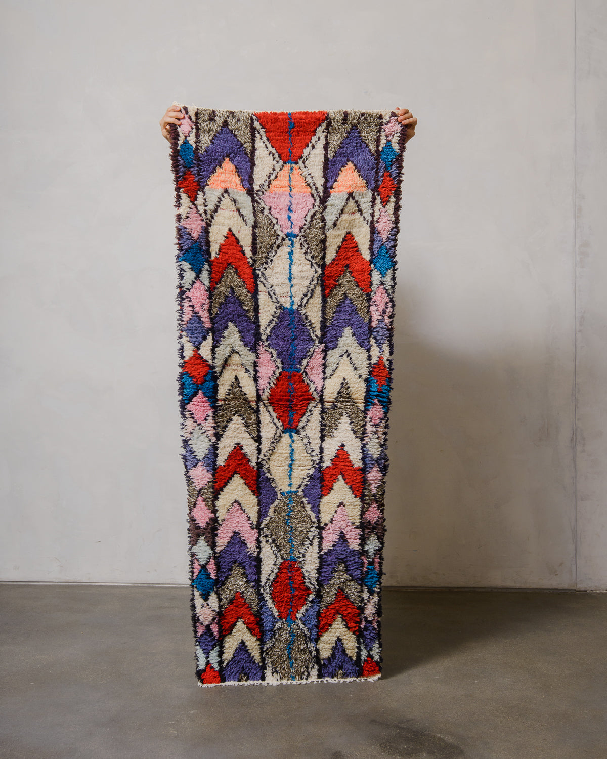 Colorful patterned rug held by a person against a plain background