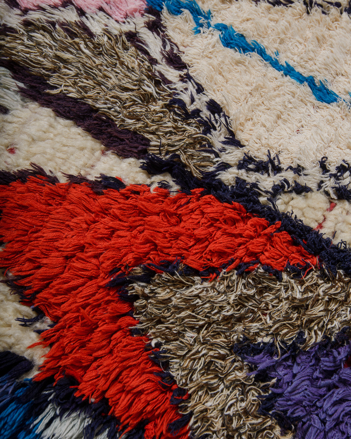 Close-up of a textured rug with multicolor pattern