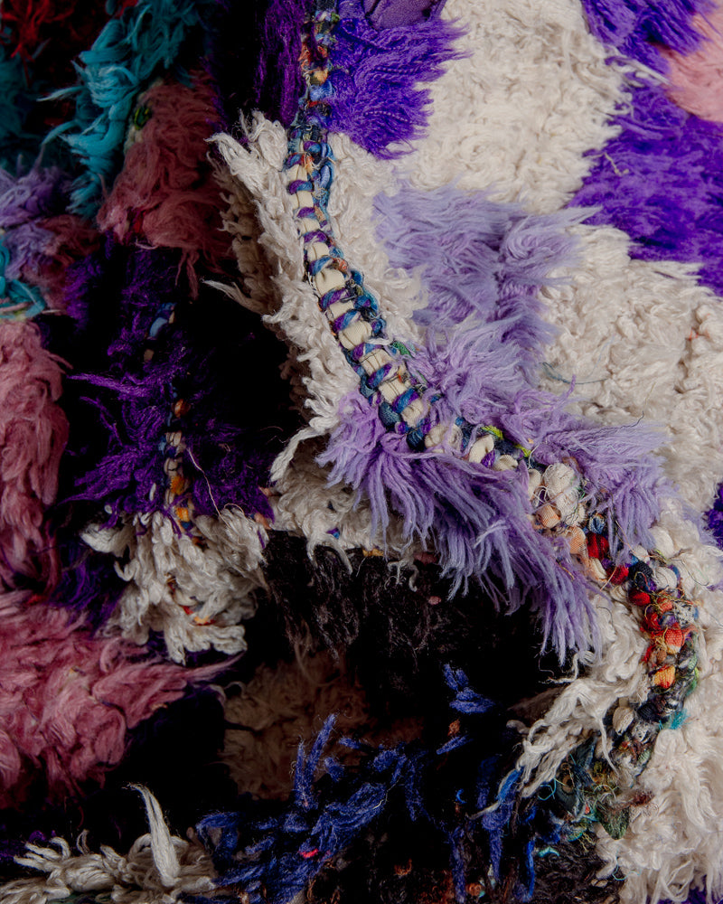 Close up of rug made of recycled cotton remnants in bright colours.