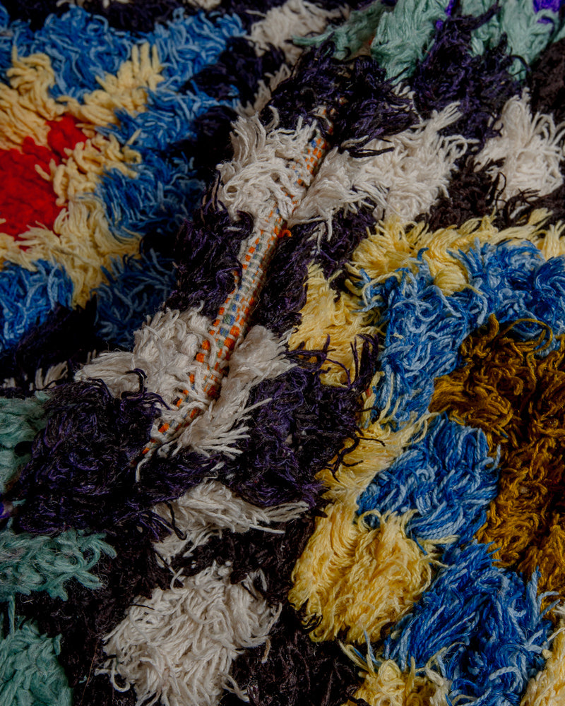 Close up of rug made of recycled cotton remnants in bright colours.