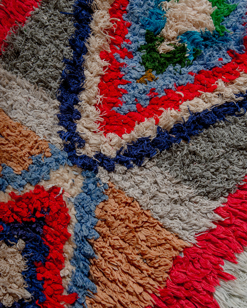 Surface of vintage rug made of recycled cotton and wool in area, red, blue, grey, green and caramel.
