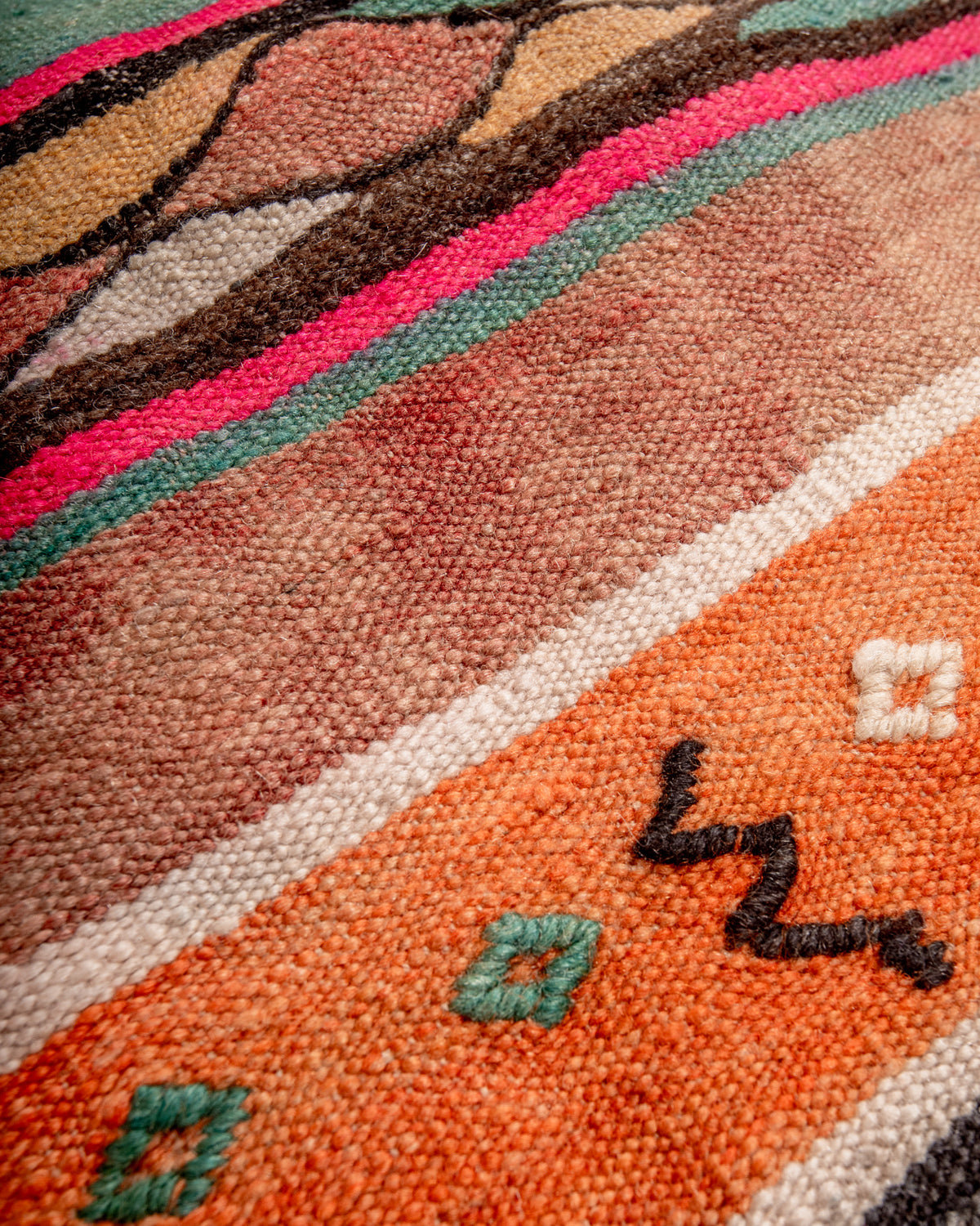 Vintage, handcrafted Berber floor cushion from Morocco. Kelim pouf with beautiful designs and robust flat weave. 100% wool.