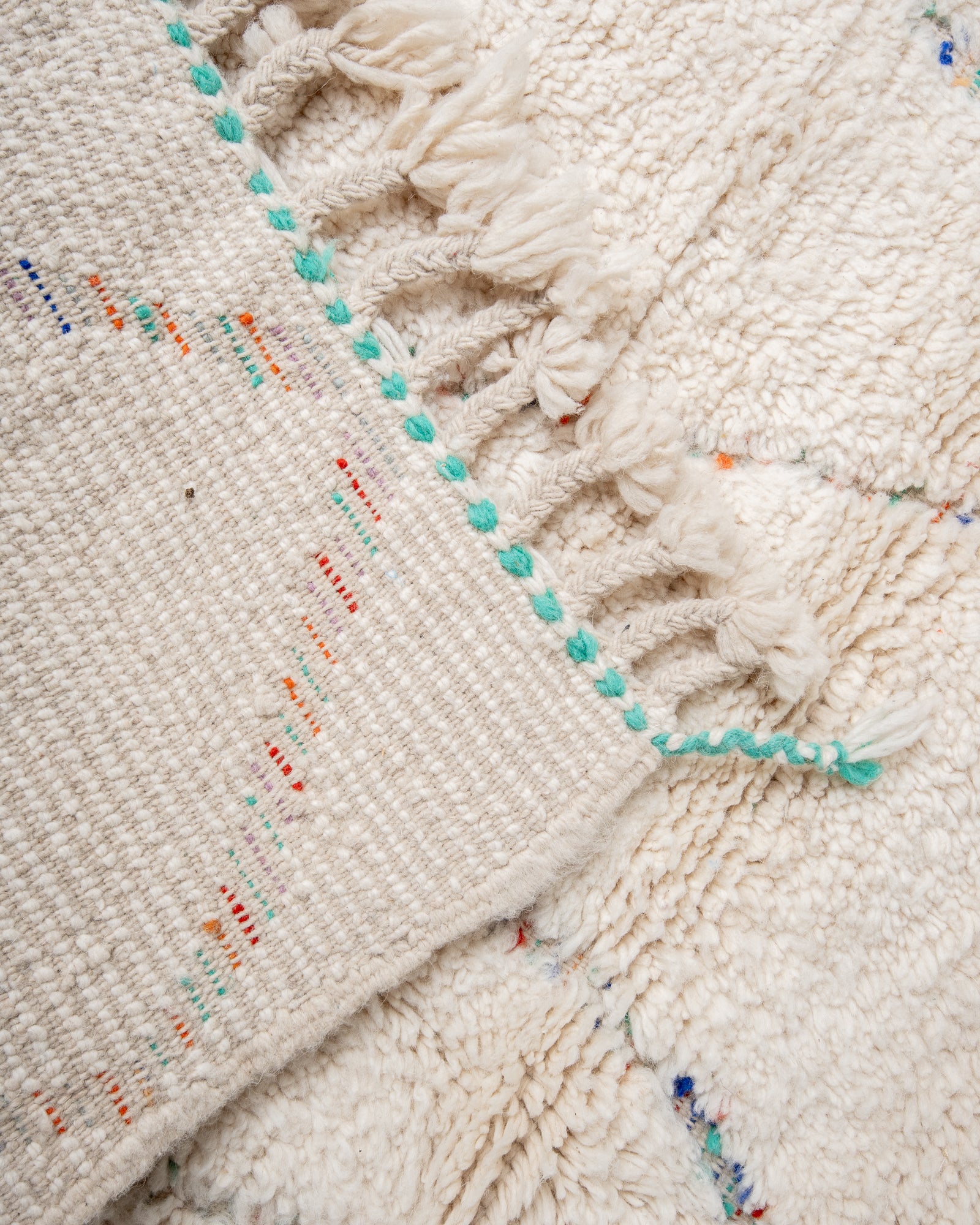 Modern, designer, handcrafted Berber rug from Morocco. Beniourain carpet with beautiful colours and patterns and fluffy wool texture. 