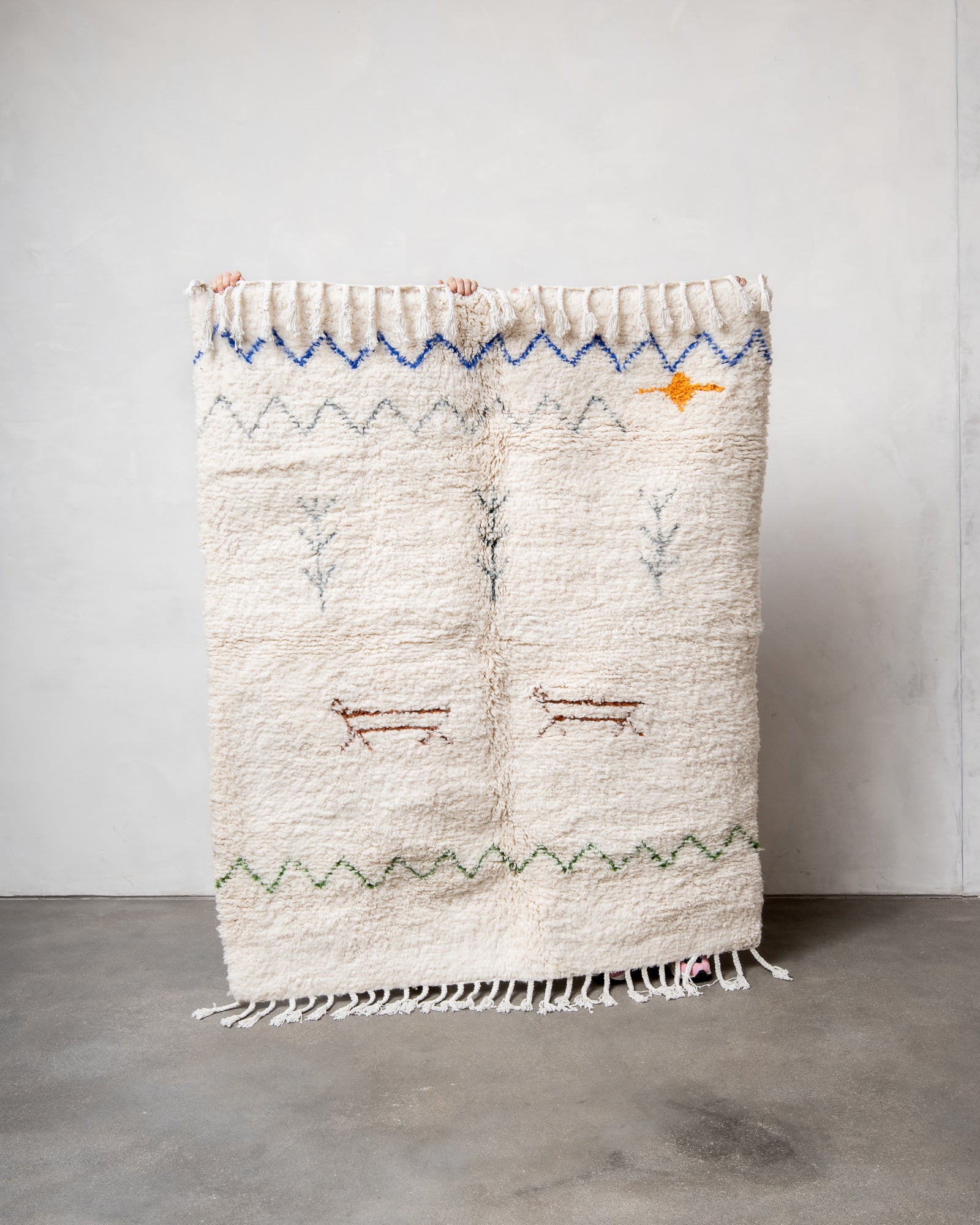 Modern, designer, handcrafted Berber rug from Morocco. Beniourain carpet with beautiful colours and patterns and fluffy wool texture. 