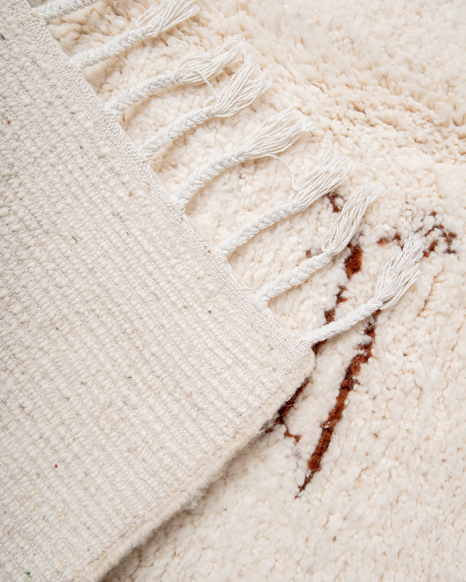 Modern, designer, handcrafted Berber rug from Morocco. Beniourain carpet with beautiful colours and patterns and fluffy wool texture. 