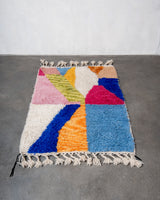 Modern, designer, handcrafted Berber rug from Morocco. Beniourain carpet with beautiful colours and patterns and fluffy wool texture. 