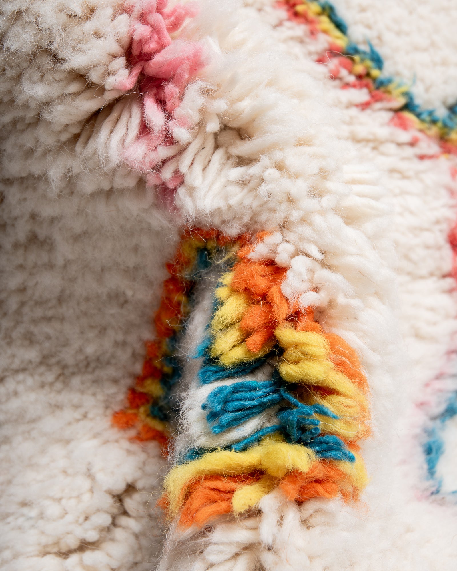 Modern, designer, handcrafted Berber rug from Morocco. Beniourain carpet with beautiful colours and patterns and fluffy wool texture. 