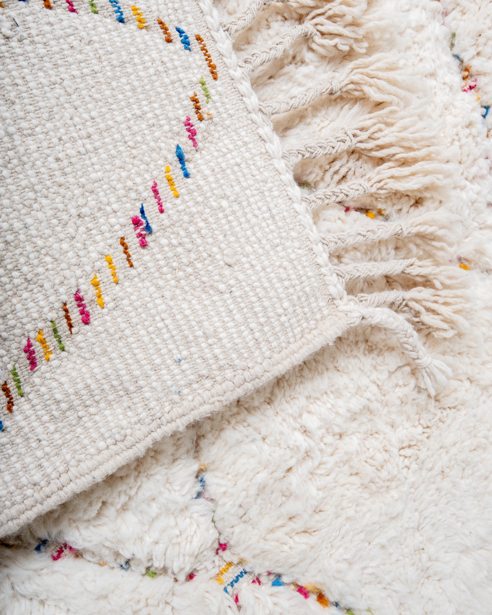 Modern, designer, handcrafted Berber rug from Morocco. Beniourain carpet with beautiful colours and patterns and fluffy wool texture. 