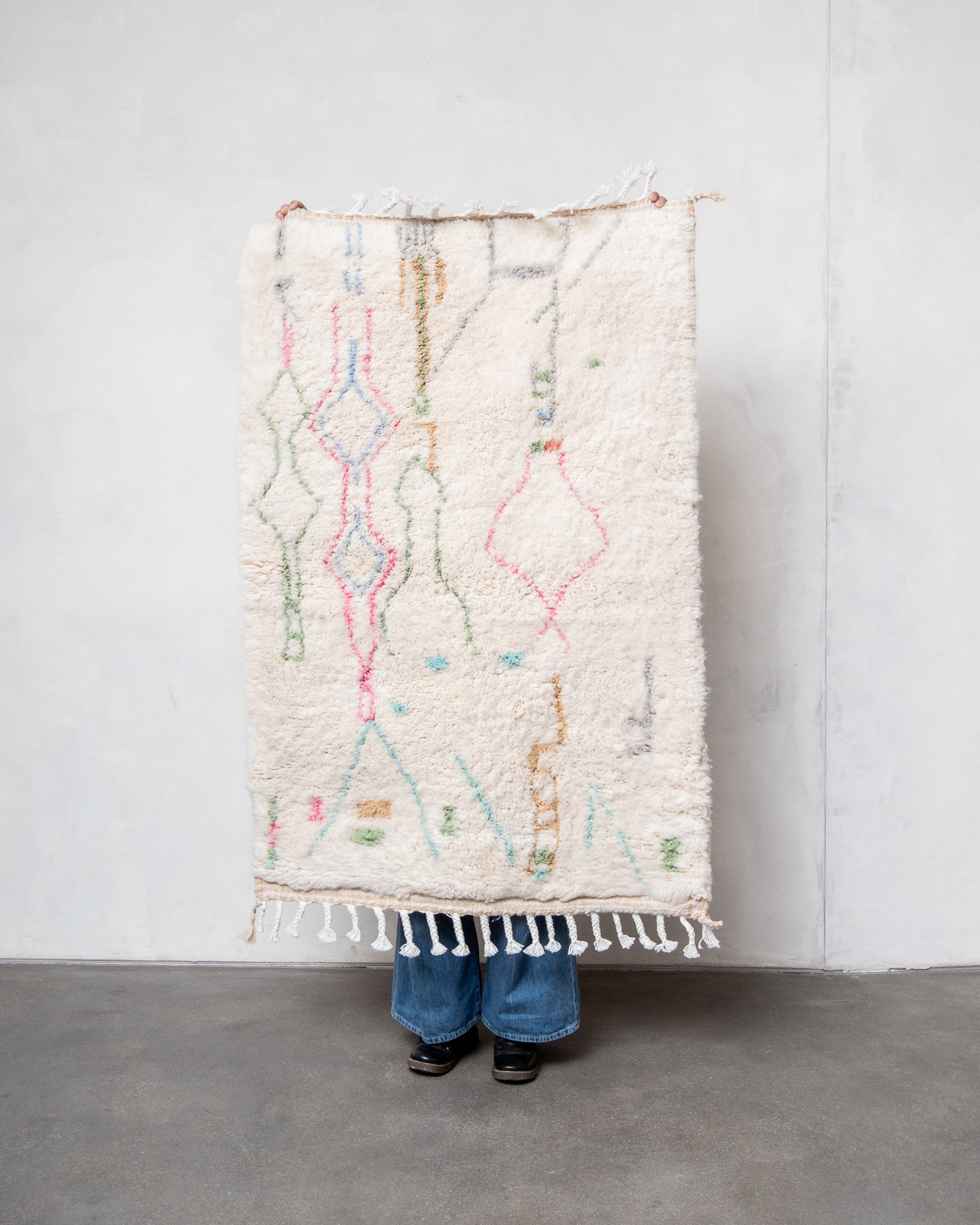 Modern, designer, handcrafted Berber rug from Morocco. Beniourain carpet with beautiful colours and patterns and fluffy wool texture. 