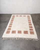 Modern, designer, handcrafted Berber rug from Morocco. Beniourain carpet with beautiful colours and patterns and fluffy wool texture. 