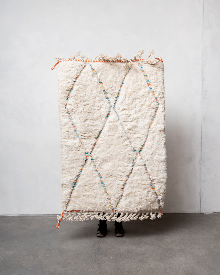 Modern, designer, handcrafted Berber rug from Morocco. Beniourain carpet with beautiful colours and patterns and fluffy wool texture. 