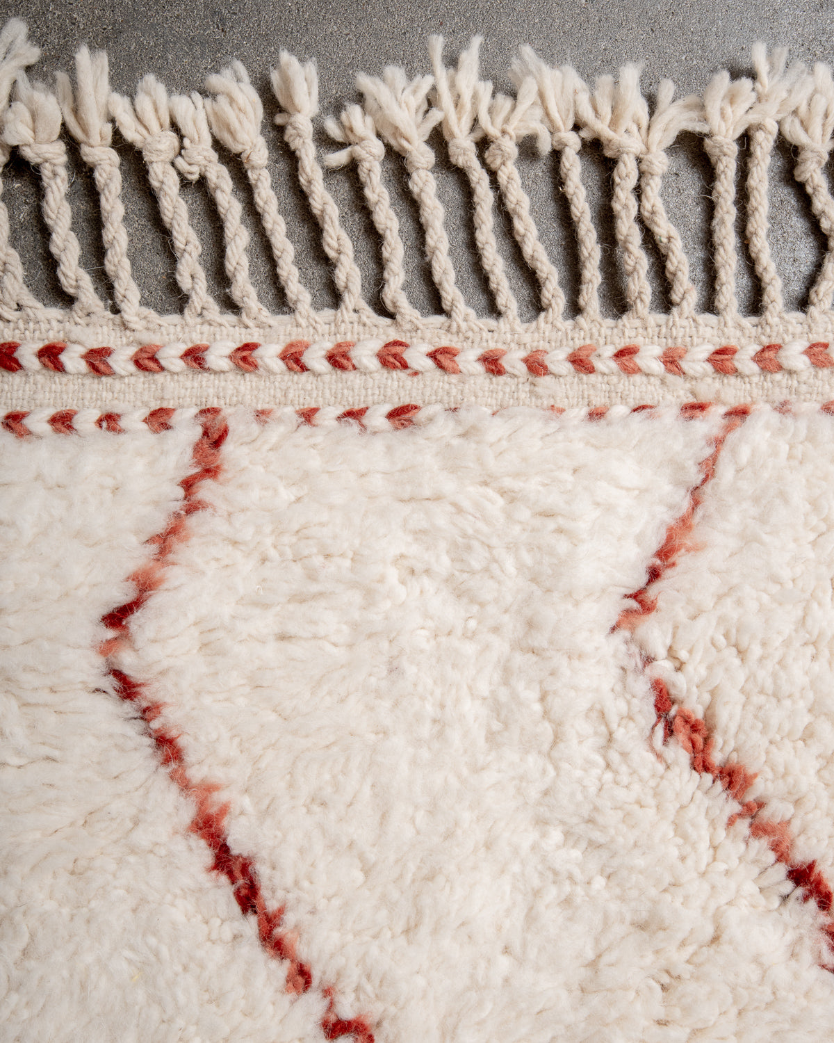Modern, designer, handcrafted Berber rug from Morocco. Beniourain carpet with beautiful colours and patterns and fluffy wool texture.