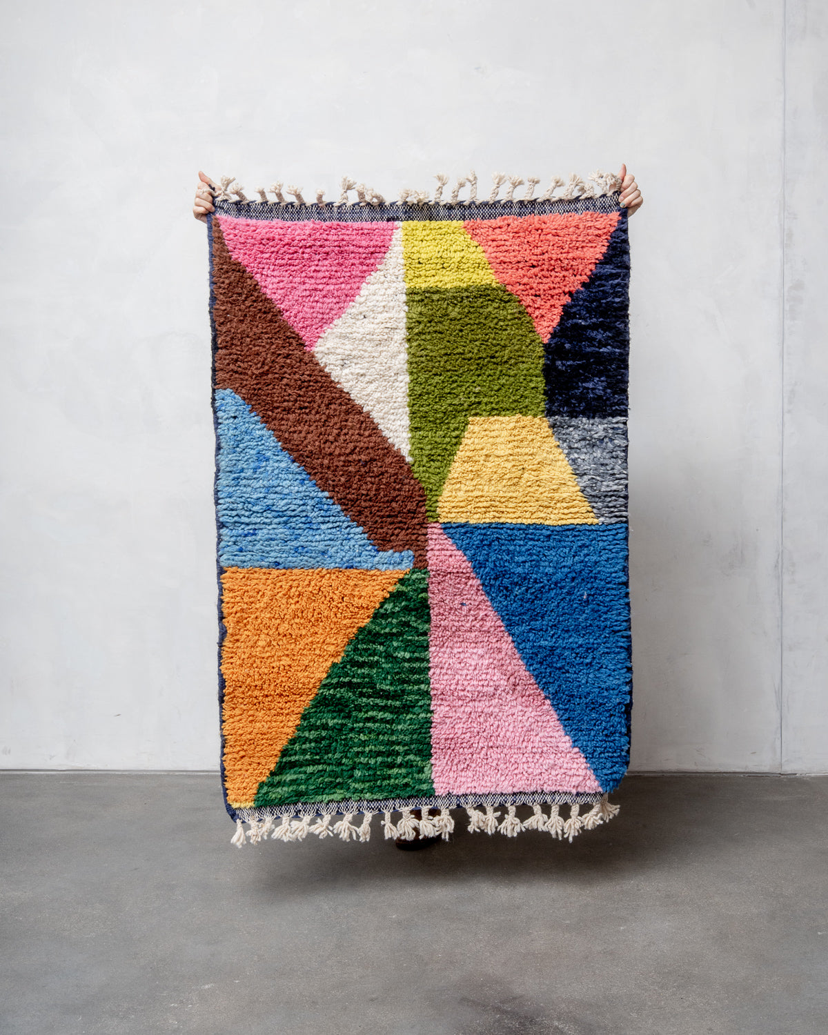 Modern, designer, handcrafted Berber rug from Morocco. Beniourain carpet with beautiful colours and patterns and fluffy wool texture.