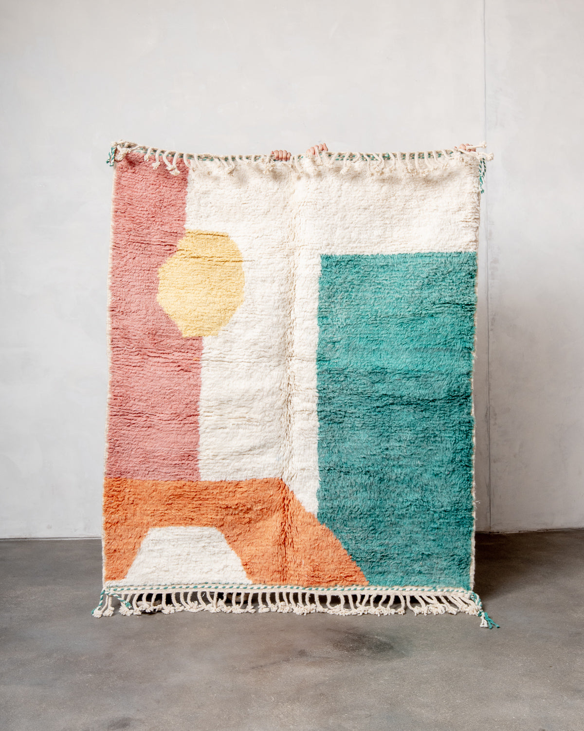 Modern, designer, handcrafted Berber rug from Morocco. Beniourain carpet with beautiful colours and patterns and fluffy wool texture. 