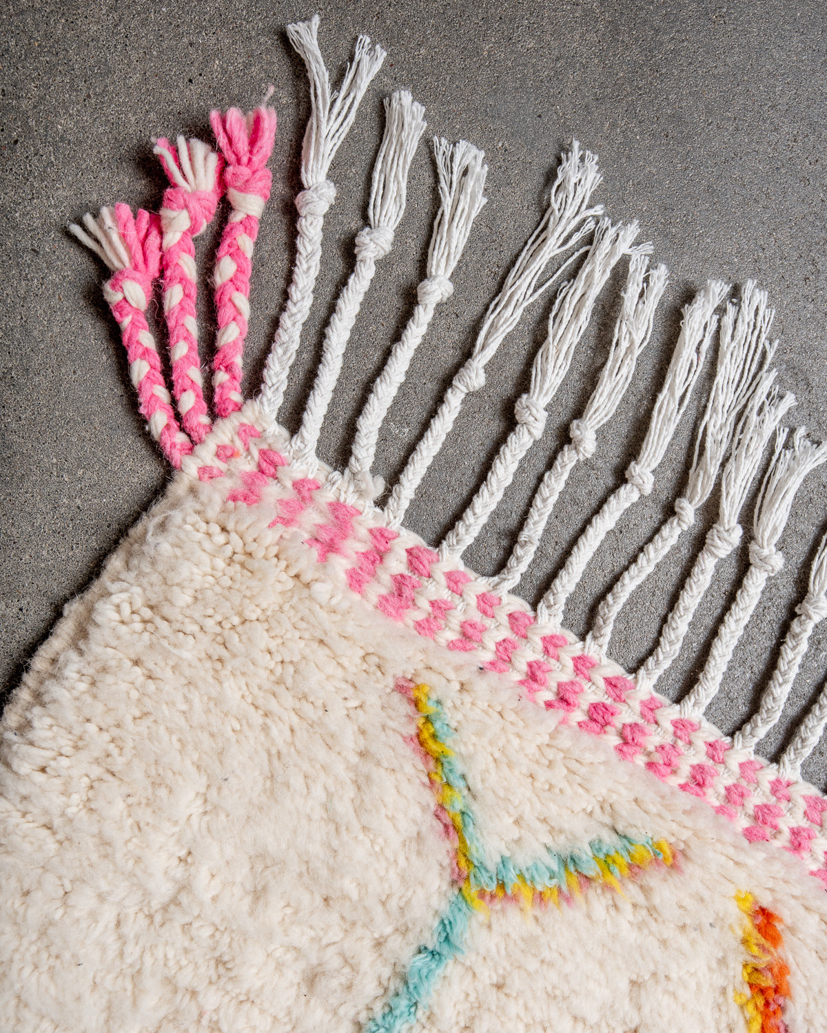 Modern, designer, handcrafted Berber rug from Morocco. Beniourain carpet with beautiful colours and patterns and fluffy wool texture.