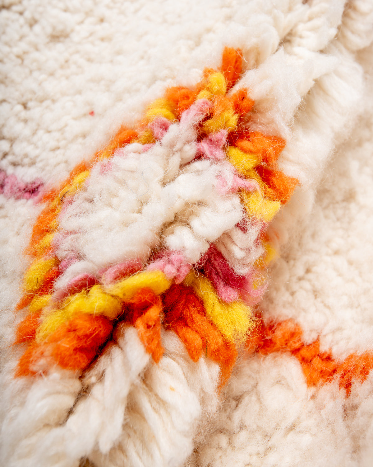 Modern, designer, handcrafted Berber rug from Morocco. Beniourain carpet with beautiful colours and patterns and fluffy wool texture.