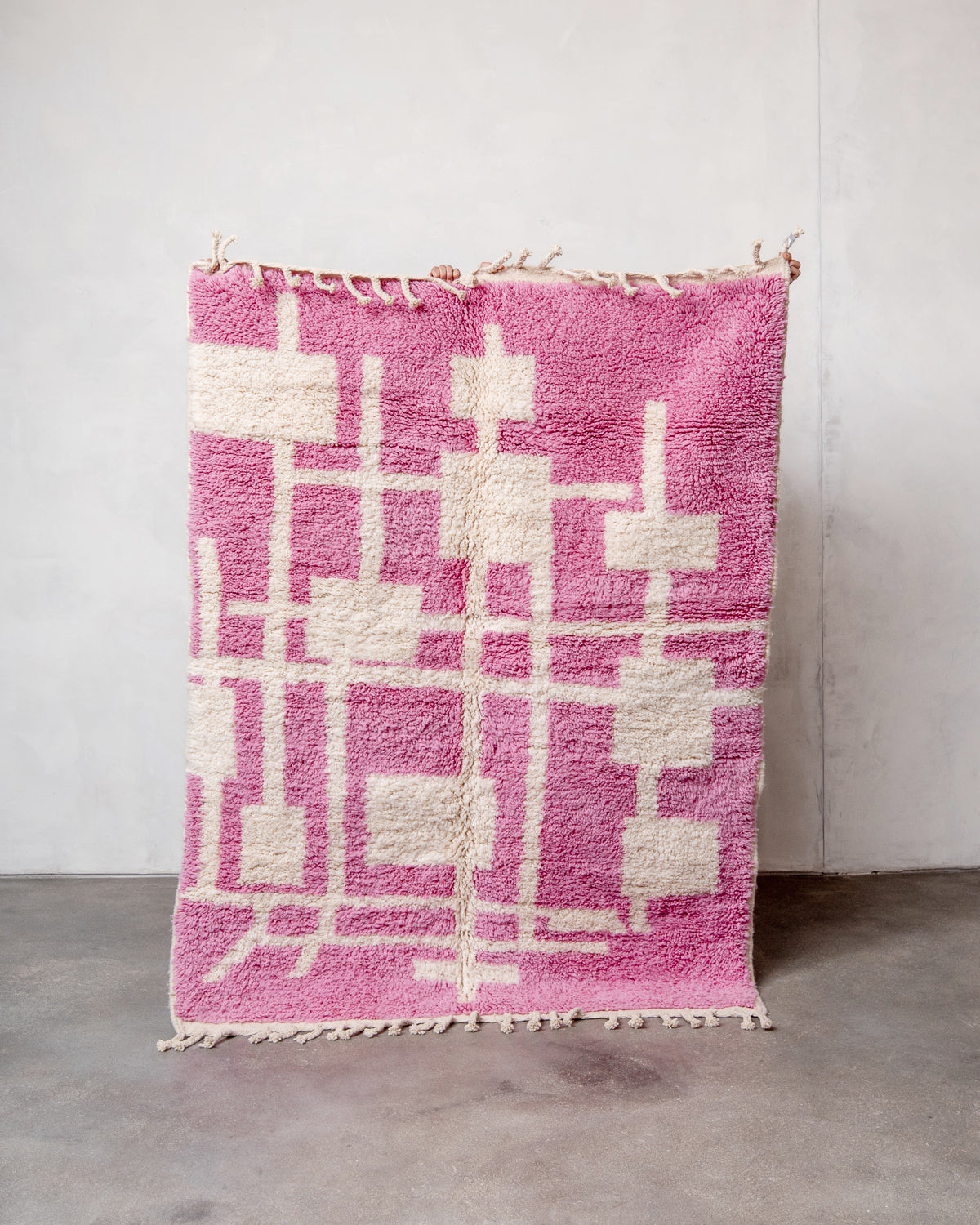 Modern, designer, handcrafted Berber rug from Morocco. Beniourain carpet with beautiful colours and patterns and fluffy wool texture.