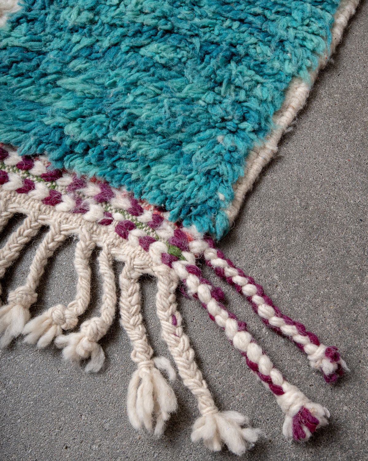 Modern, designer, handcrafted Berber rug from Morocco. Beniourain carpet with beautiful colours and patterns and fluffy wool texture.