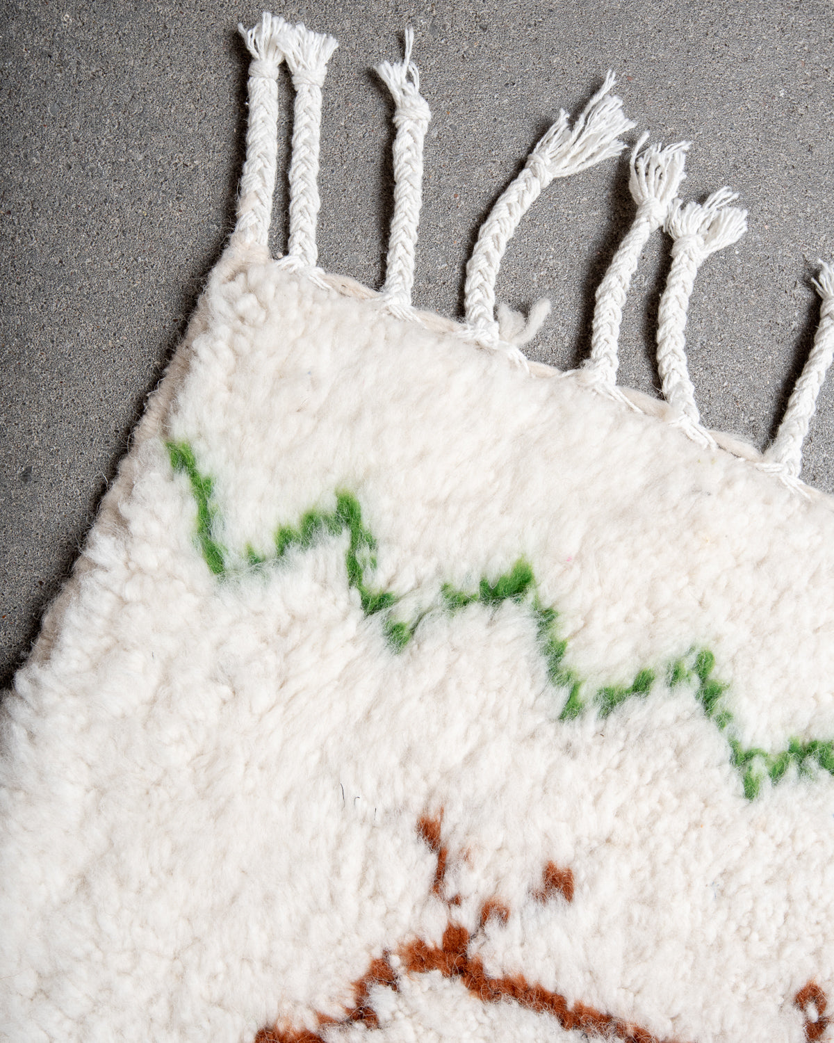 Modern, designer, handcrafted Berber rug from Morocco. Beniourain carpet with beautiful colours and patterns and fluffy wool texture.