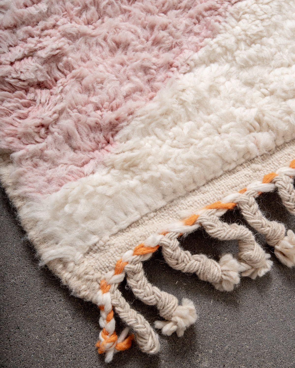 Modern, designer, handcrafted Berber rug from Morocco. Beniourain carpet with beautiful colours and patterns and fluffy wool texture.