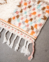 Modern, designer, handcrafted Berber rug from Morocco. Beniourain carpet with beautiful colours and patterns and fluffy wool texture.