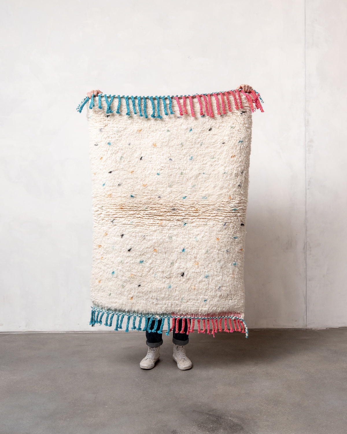 Modern, designer, handcrafted Berber rug from Morocco. Beniourain carpet with beautiful colours and patterns and fluffy wool texture.