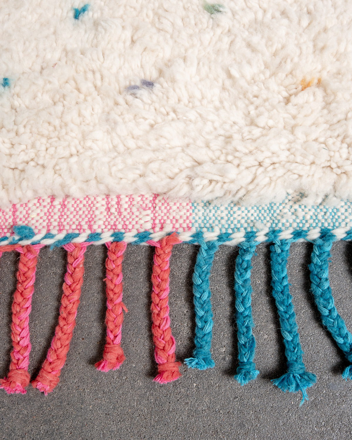 Modern, designer, handcrafted Berber rug from Morocco. Beniourain carpet with beautiful colours and patterns and fluffy wool texture.