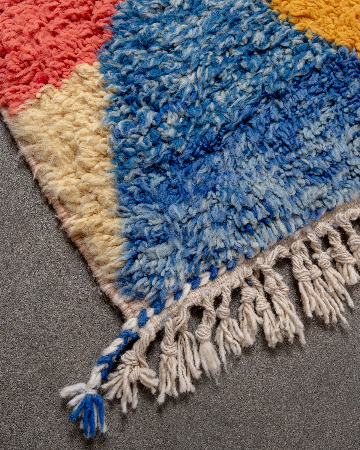 Modern, designer, handcrafted Berber rug from Morocco. Beniourain carpet with beautiful colours and patterns and fluffy wool texture.