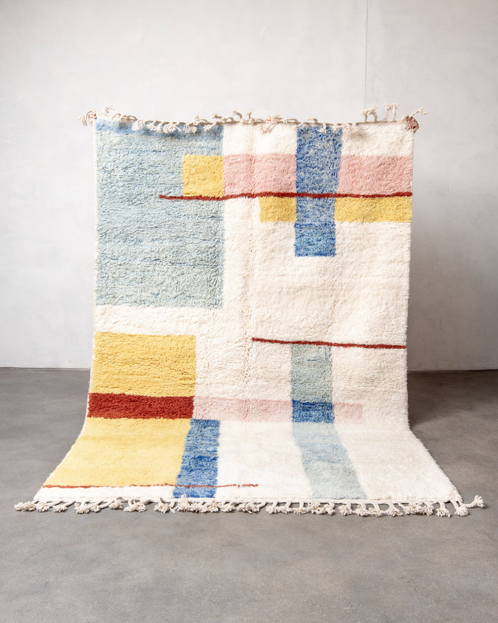 Modern, designer, handcrafted Berber rug from Morocco. Beniourain carpet with beautiful colours and patterns and fluffy wool texture. 