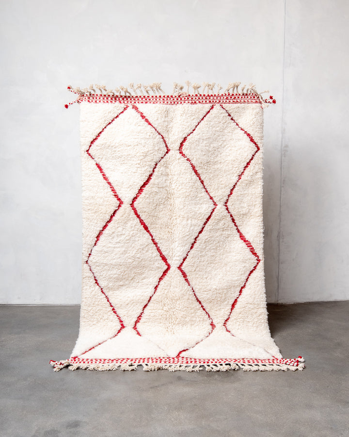 Modern, designer, handcrafted Berber rug from Morocco. Beniourain carpet with beautiful colours and patterns and fluffy wool texture. 
