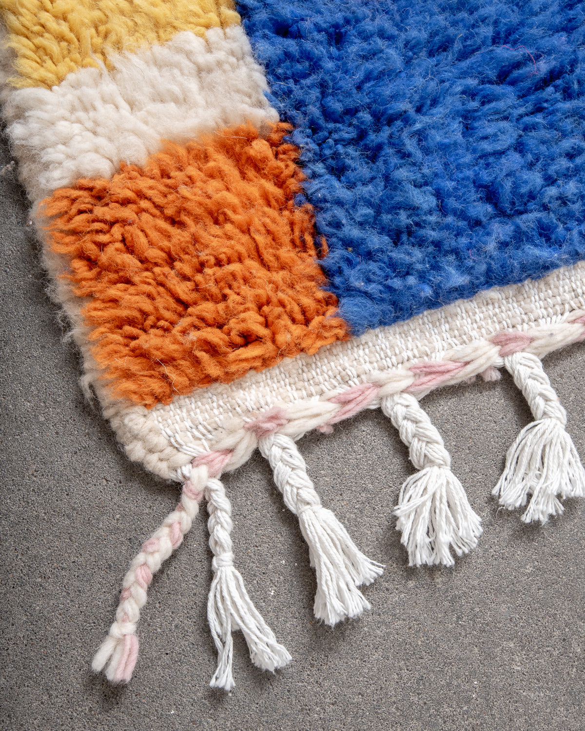 Modern, designer, handcrafted Berber rug from Morocco. Beniourain carpet with beautiful colours and patterns and fluffy wool texture. 