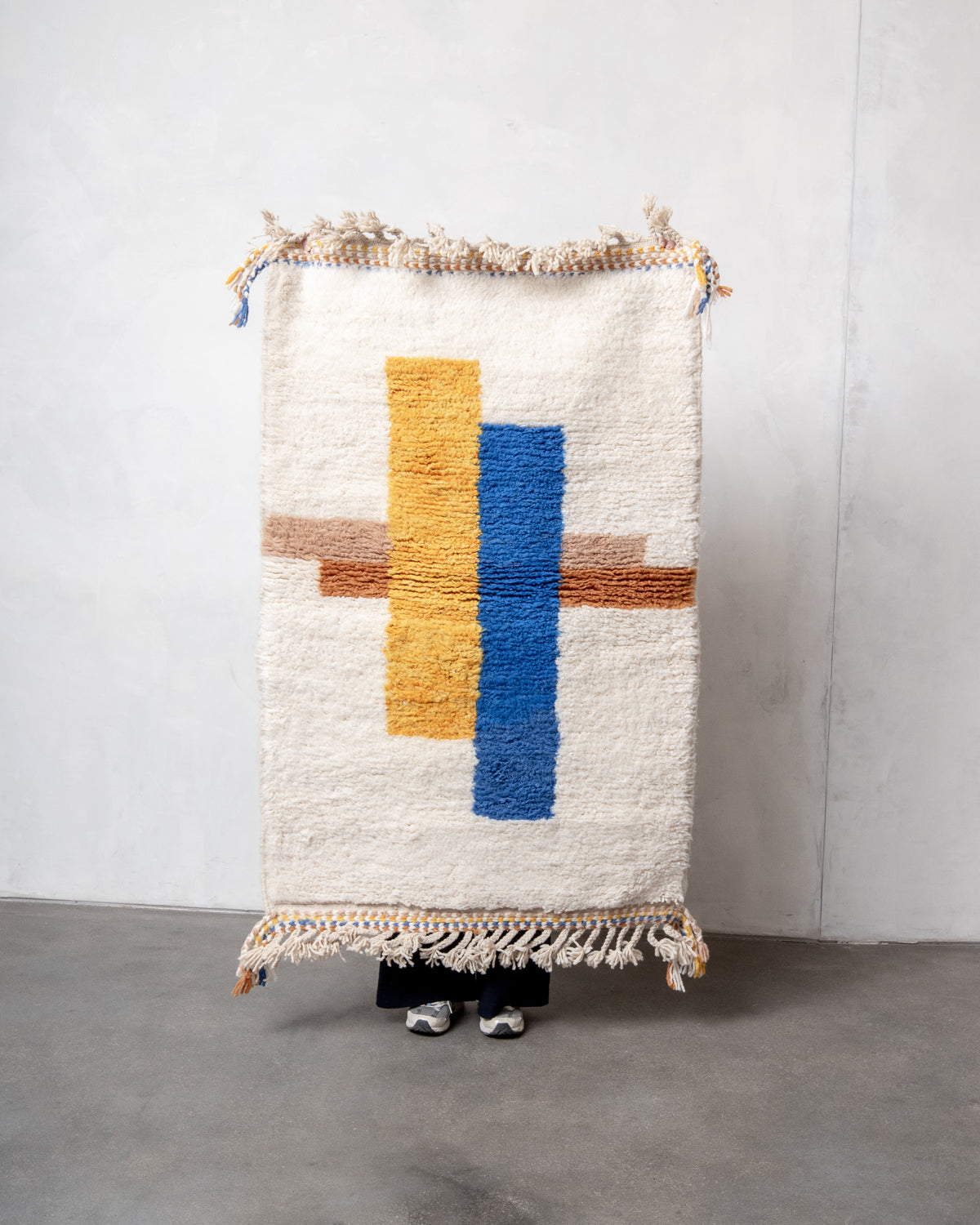 Modern, designer, handcrafted Berber rug from Morocco. Beniourain carpet with beautiful colours and patterns and fluffy wool texture. 