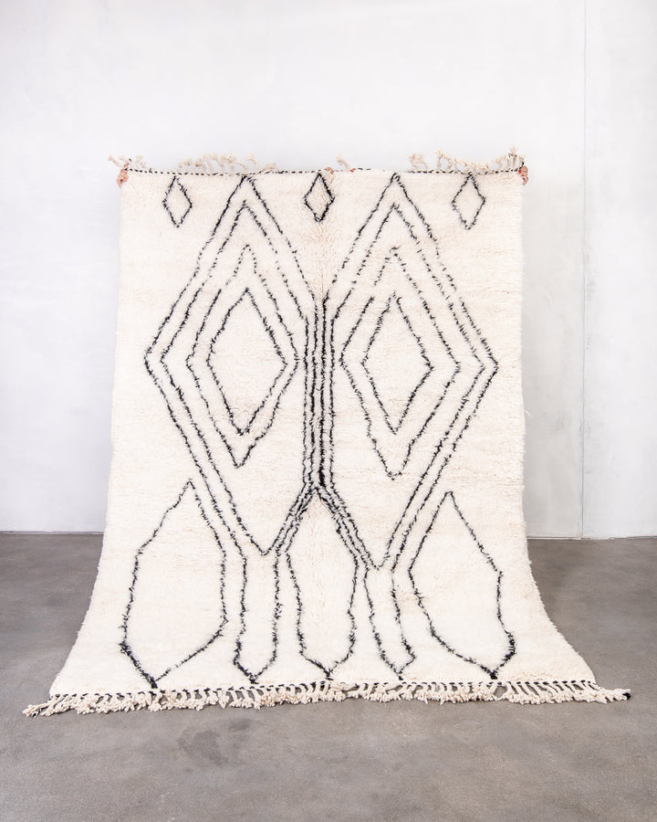 Modern, designer, handcrafted Berber rug from Morocco. Beniourain carpet with beautiful colours and patterns and fluffy wool texture. 