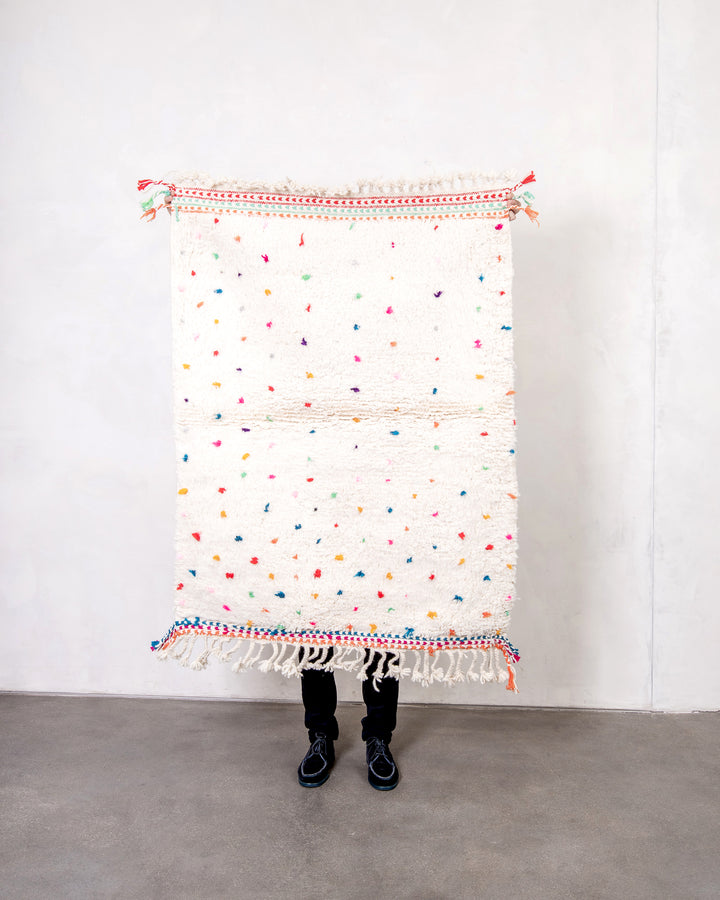 Modern, designer, handcrafted Berber rug from Morocco. Beniourain carpet with beautiful colours and patterns and fluffy wool texture. 